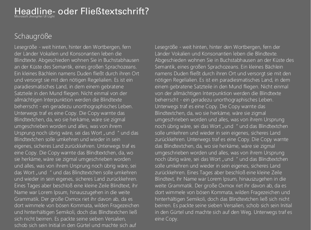 Schriftschnitt Headline- oder Fliesstextschrift